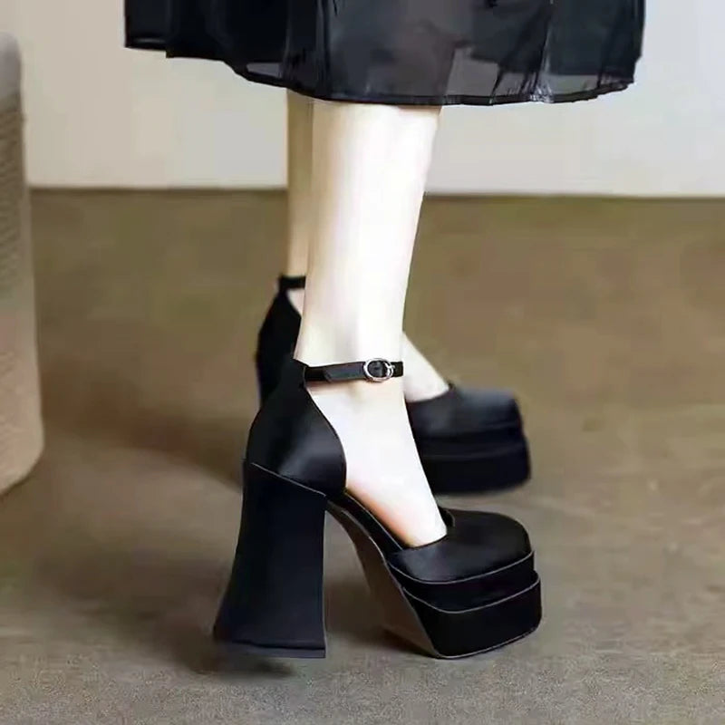 Women'S High Chunky Platform Closed Toe Block Heels Square Toe Ankle Strap Dress Wedding Party Prom Pumps Shoes