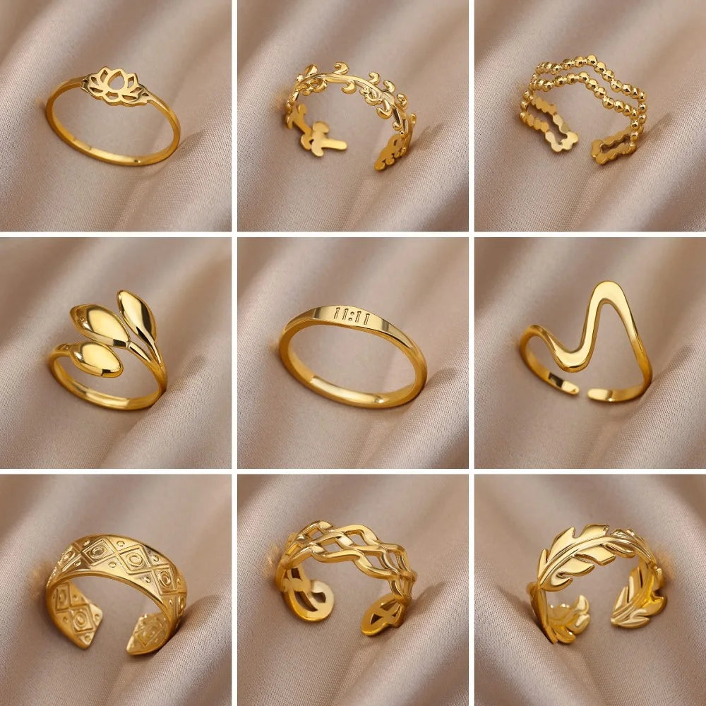 Stainless Steel Twist Chain Adjustable Rings for Women Men Simple Geometric Leave Flower Open Ring Jewelry Female Holiday Gifts
