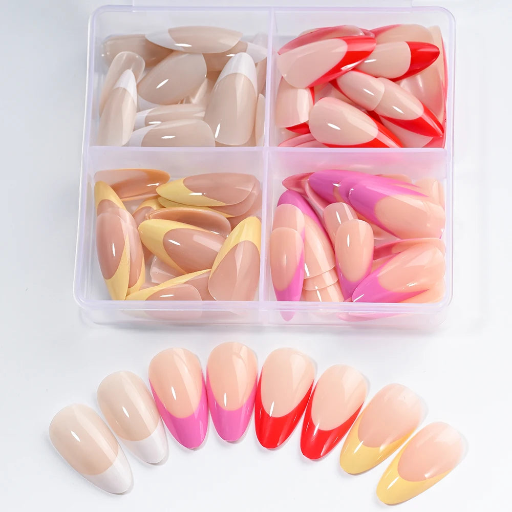96Pcs/box Mixed Medium Almond French False Nails White/Red/Pink/Yellow French Press On Nails Full Cover Actylic Nail Fake Tips!5