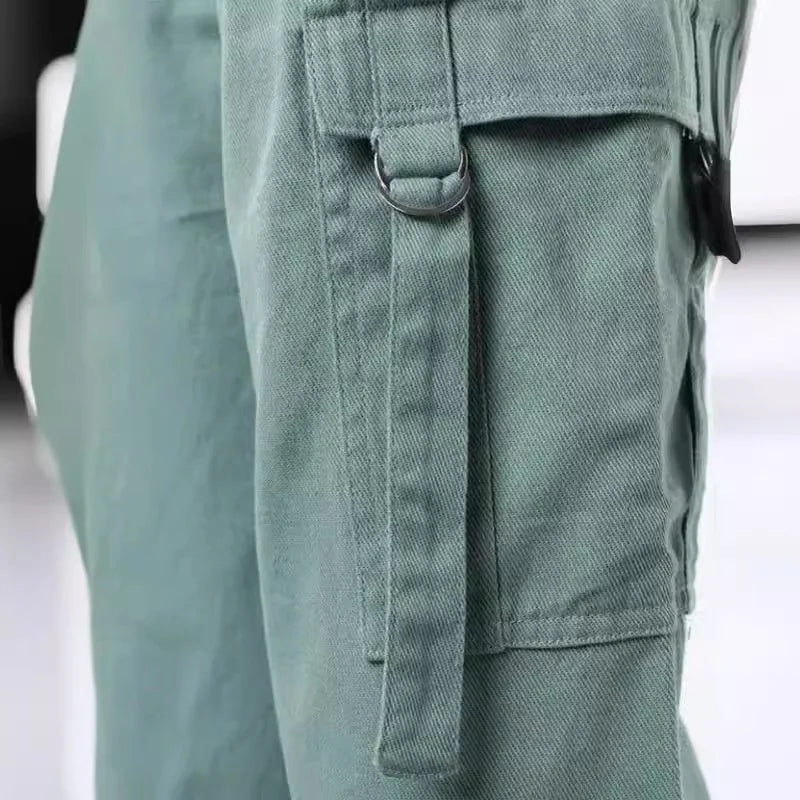 Fashion Retro Overalls Pants Multi-Pocket Casual Straight Pants High Street Women's Wide-Legged High Waisted Long Trousers