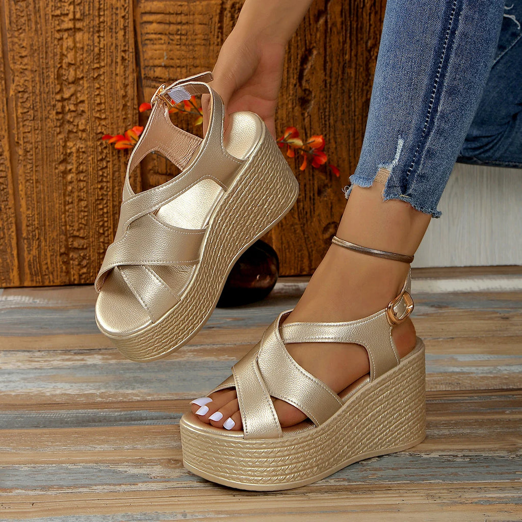 Women Sandals Summer New Golden Wedges Ankle Buckle High Heels Shoes Peep Toe Open To Elegant Sexy Sandals for Women