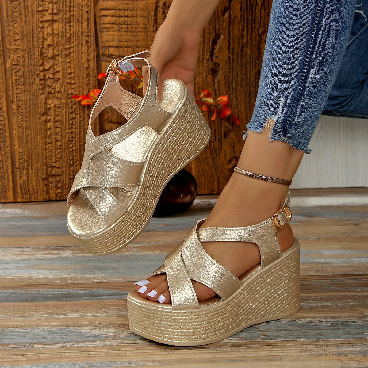 Women Sandals Summer New Golden Wedges Ankle Buckle High Heels Shoes Peep Toe Open To Elegant Sexy Sandals for Women