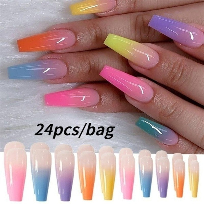 24pcs/bag Long Coffin Fake Nails Rainbow Ballerina Full Cover Nail Art Tips Beauty Artificial False Nails Manicure Charms