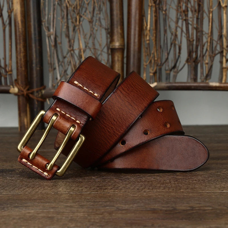 Men's Leather Belt 3.8cm*105-125cm Double Pin Buckle Belts Top Layer Cowhide Genuine Vintage Copper Decor Jeans Male Waistband
