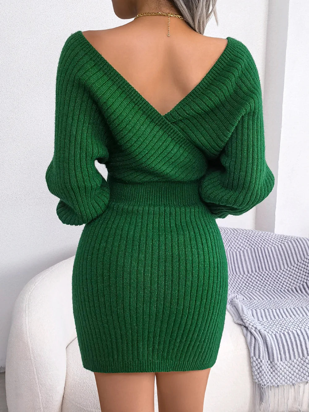 Women's V Neck Waist Tie Sweater Dress - Bodycon Long Sleeve Solid Knit for Fall Winter Holiday Party