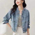 Women's Retro Washed Denim Jacket, Casual Motorcycle Jacket, Stand Collar, Basic Coat, Light Blue, Female Fashion, Autumn, Winte