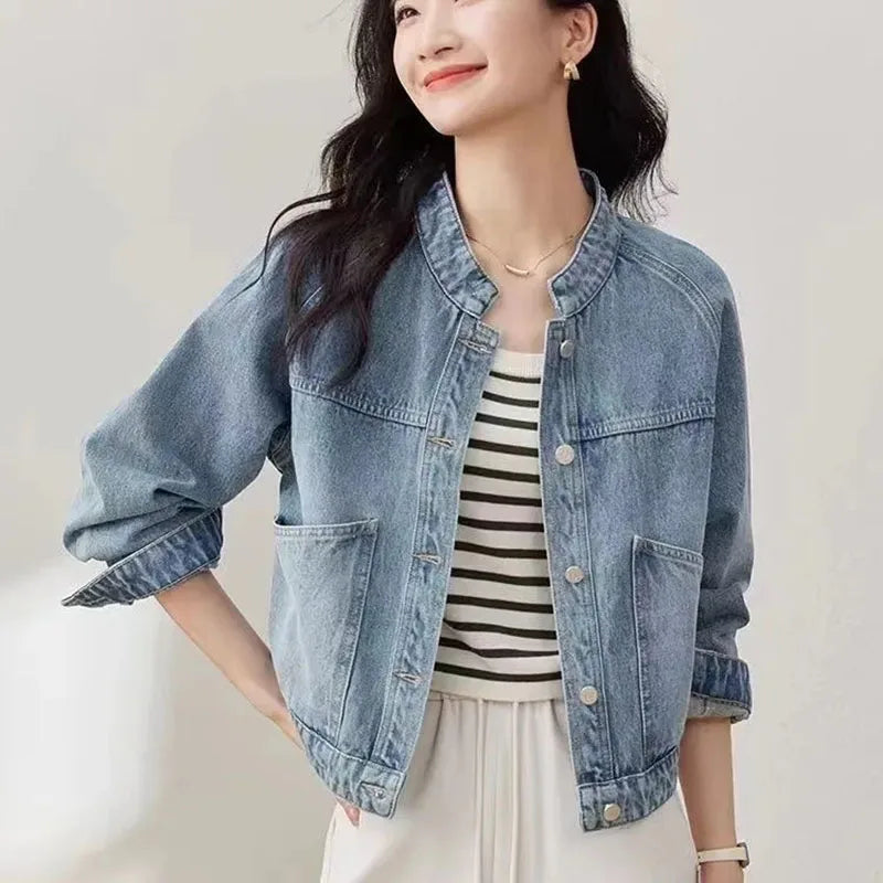 Women's Retro Washed Denim Jacket, Casual Motorcycle Jacket, Stand Collar, Basic Coat, Light Blue, Female Fashion, Autumn, Winte