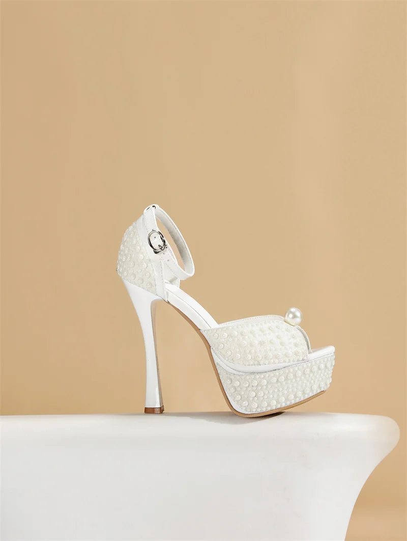 Liyke Sexy Black White High Heels Platform Sandals Women Summer Fashion Design Pearl Peep Toe Wedding Prom Shoe Zapatos De Mujer