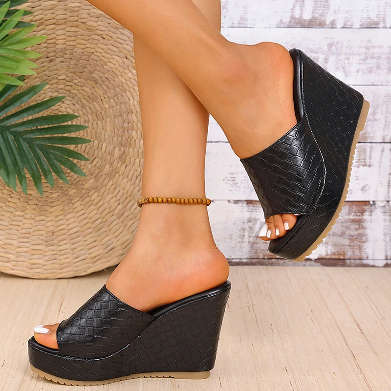 Chunky Platform Wedges Sandals Women Sexy Peep Toe Black Pu Leather Weave Slides Woman Super High Heel Anti Slip Sandalias Mujer
