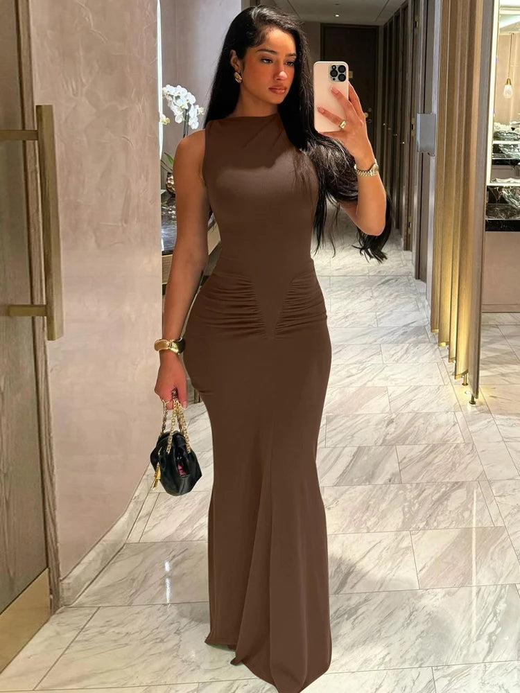 Dulzura Elegant Long Dress Ruched Bodycon Sleeveless Solid Dresses Lady Cocktail Party Wedding Guest Formal Women Clothes 2024