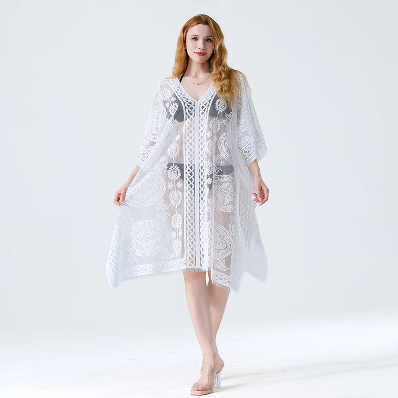 Swim Cover Up Lace White Beach Dress Sexy Long Cover up Woman Swimwear Bikini Tunic Long Pareos Robe Beachwear Outfit