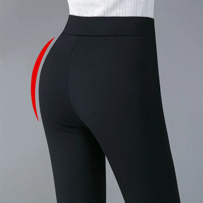 Casual Elegant Office Slimming Solid Color Fleecing Thick Thin Women's Pants Elastic Waist Tight Pencil Pants