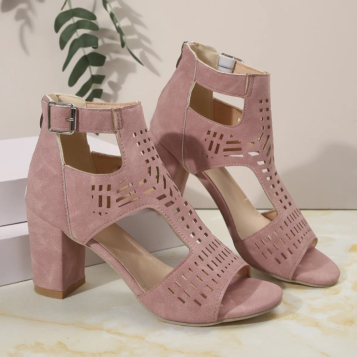 Women Fashion Strap Sexy High Heel Sandals Woman Roman Hollow Pumps Lace-up Peep Toe Sandals Casual Chunky High-heeled Sandals