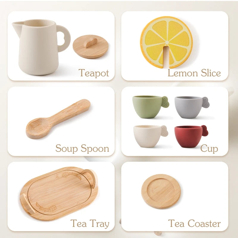 Wooden Montessori Toys Toddler Pretend Play Tea Party Set Silicone Teapot Cups Wood Tray Scoop Toys for Kids Birthday Gift