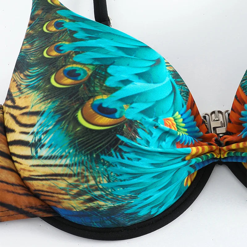 Green Peacock Print Bikini Set 2026 – Rhinestone Low Waist Thong Swimsuit