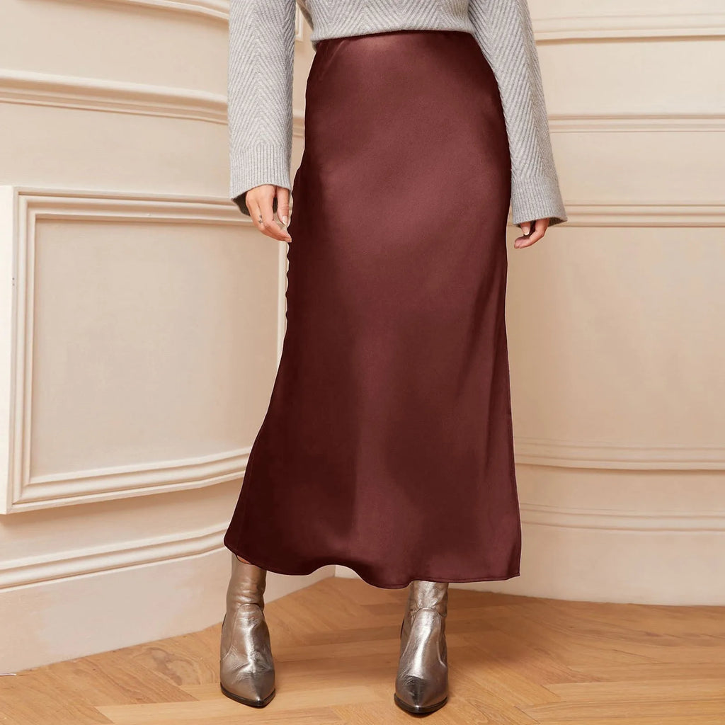 Silk Satin High Waist Pencil Skirt – Korean Style Elegant Long Skirt