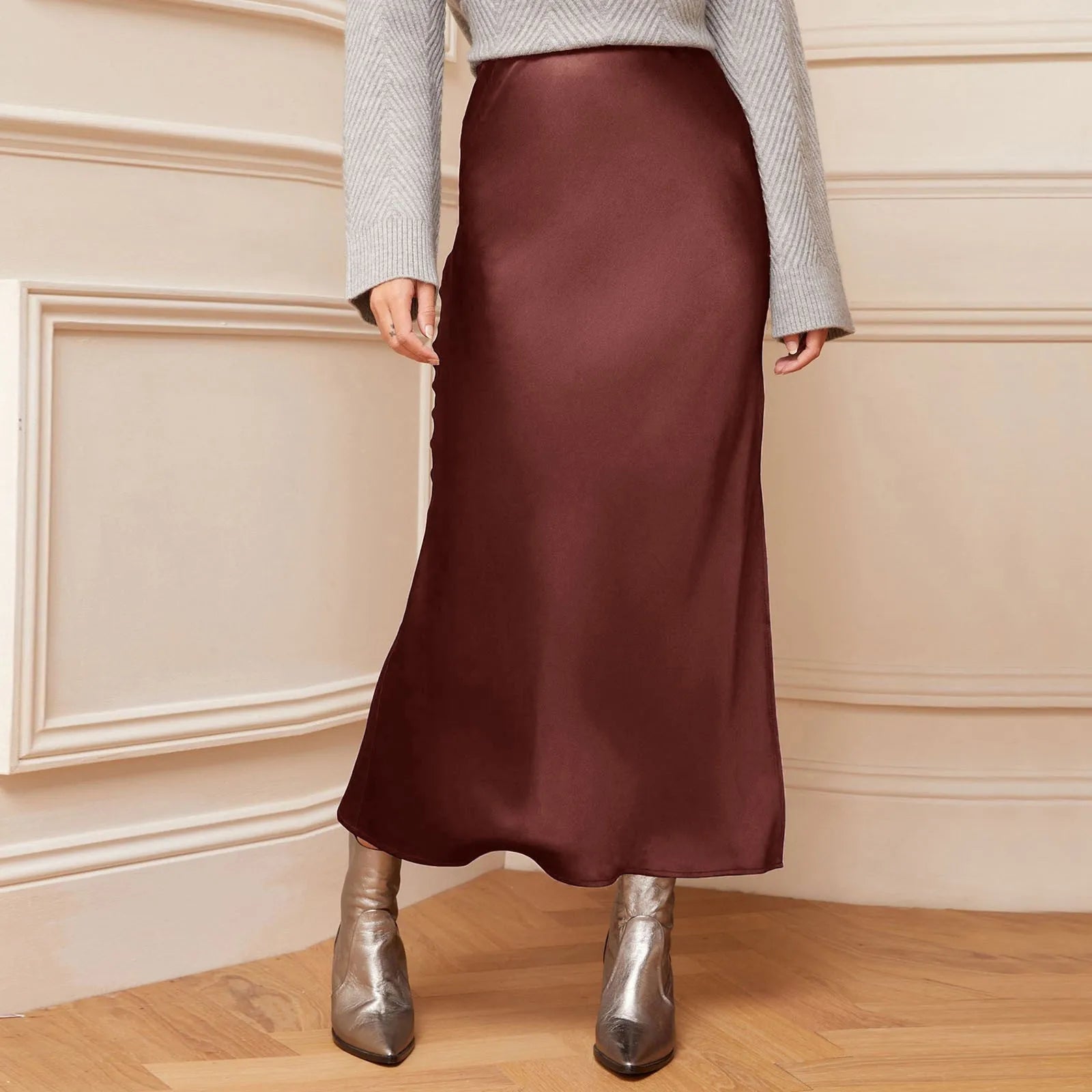 Silk Satin High Waist Pencil Skirt – Korean Style Elegant Long Skirt