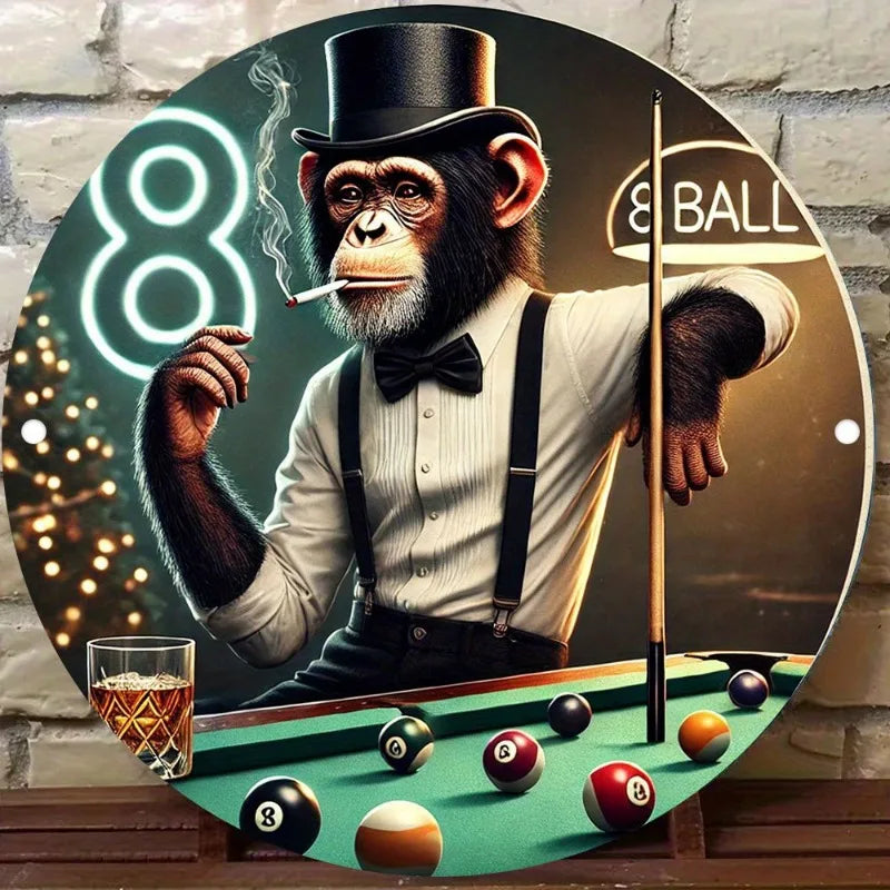 Round Aluminum Sign with Cue Balls & Table Design - Pool Hall, Game Room, Bar Decoration - Perfect Gift for Billiards Players