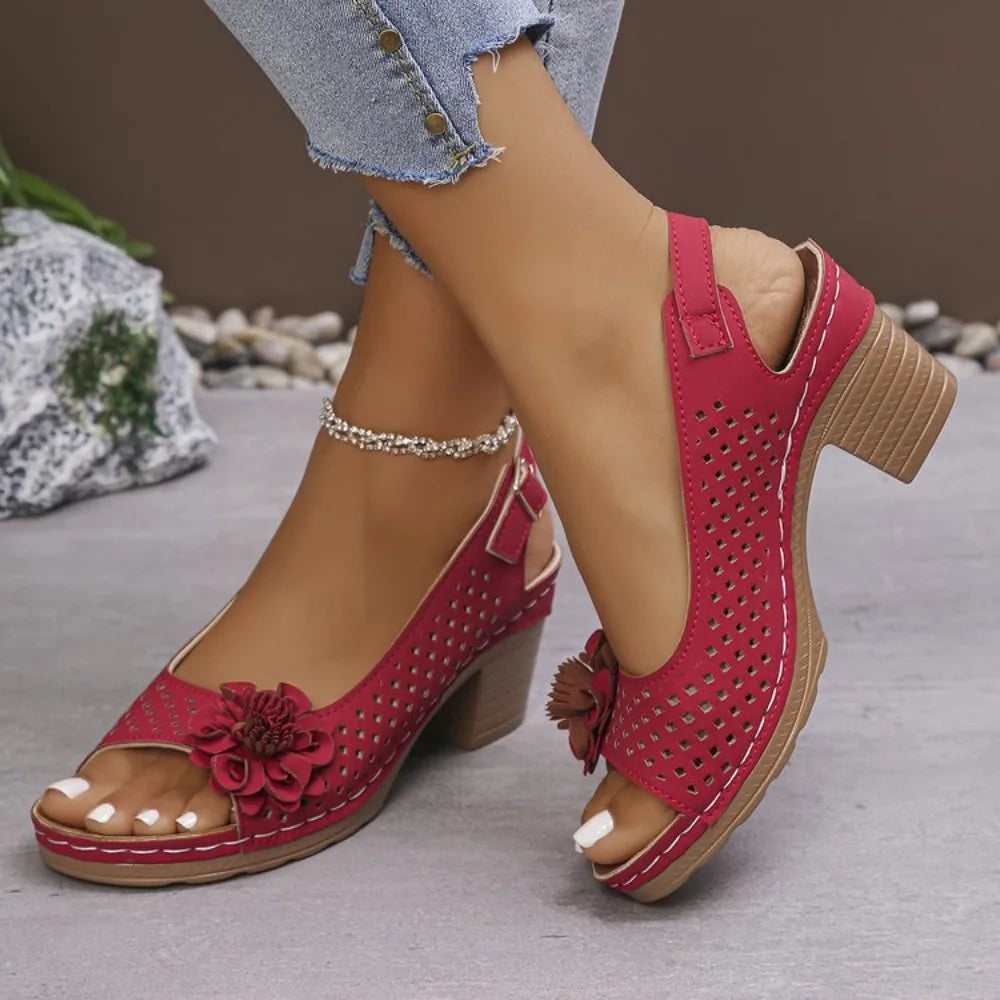 Women's Chunky platform sandal - Elegant red Floral accent, Breathable Open-Toe Shoes with Hook-and-Loop Closure casual Footwear