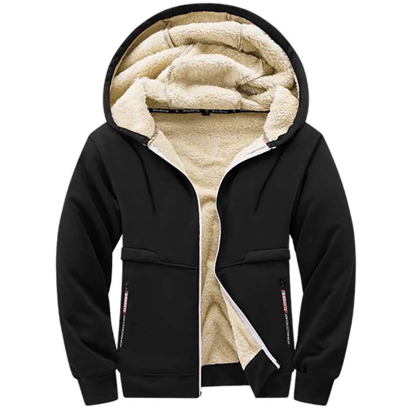 Faux Fur Lined Hoodies for Men Autumn Winter Thicken Fleece Sherpa Jacket Zip Up Hooded Coats with Zipper Pockets for Daily Wear