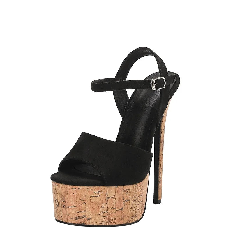 Eilyken New Summer Wood Grain Thin High Heels Sandals Women Chunky Platform Open Toe Buckle Strap Party Dress Shoes