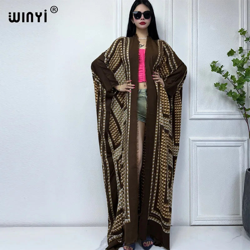 WINYI new winter clothes for women Geometric print Africa Luxury Long Fur Loose dress Thick Warm long down coat winter abaya