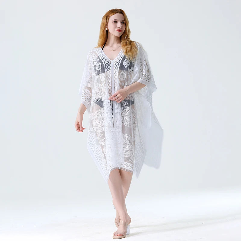 Swim Cover Up Lace White Beach Dress Sexy Long Cover up Woman Swimwear Bikini Tunic Long Pareos Robe Beachwear Outfit