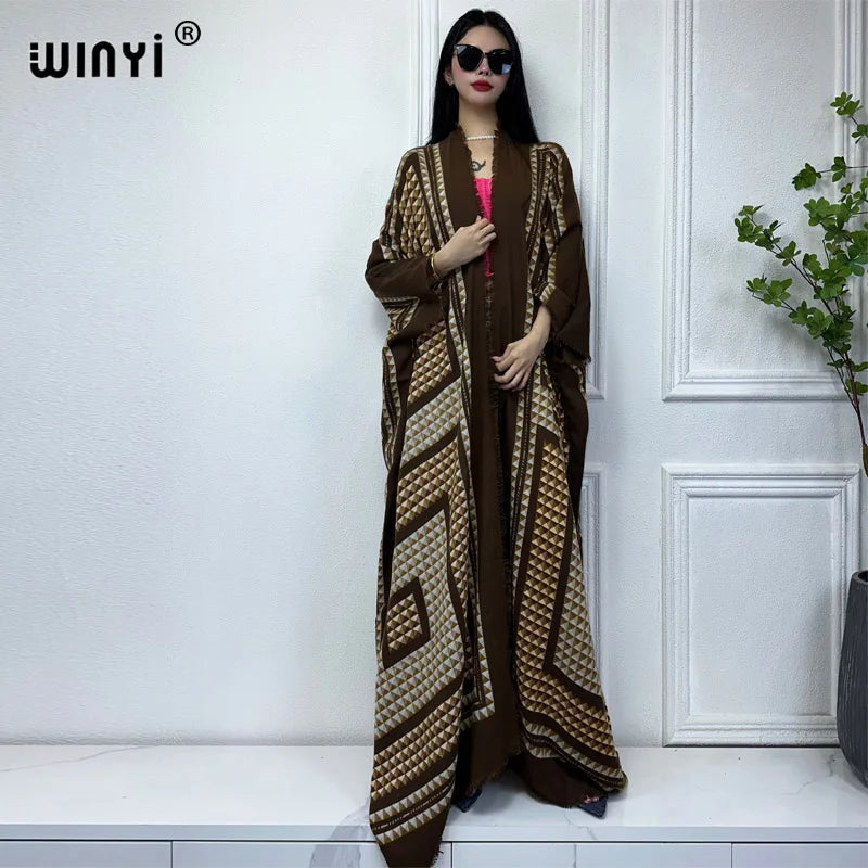 WINYI new winter clothes for women Geometric print Africa Luxury Long Fur Loose dress Thick Warm long down coat winter abaya