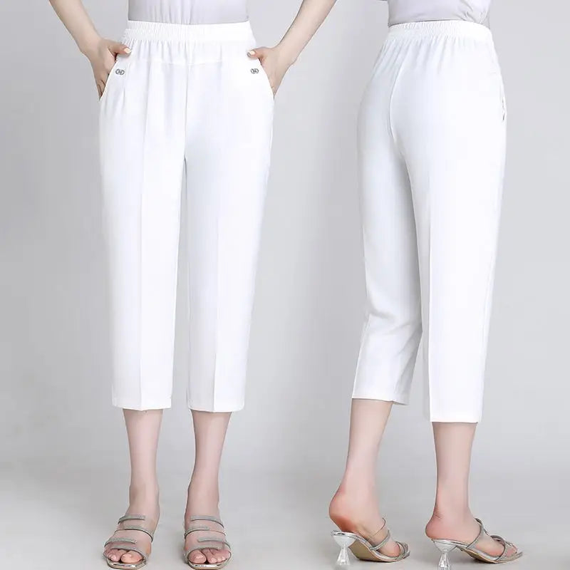 Office Lady Vintage Loose Straight Pants Spring Summer Thin Women Streetwear Fashion Casual Elastic High Waist Cropped Trousers