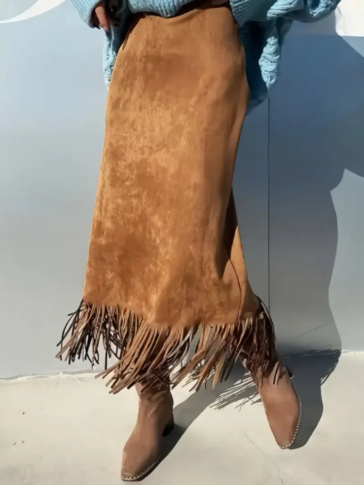 Women's Vintage Fringed Skirt for Spring, Autumn, and Winter, Stylish and Trendy, Suitable for Going Out, Dates, Holiday Gatherings, and Everyday Wear