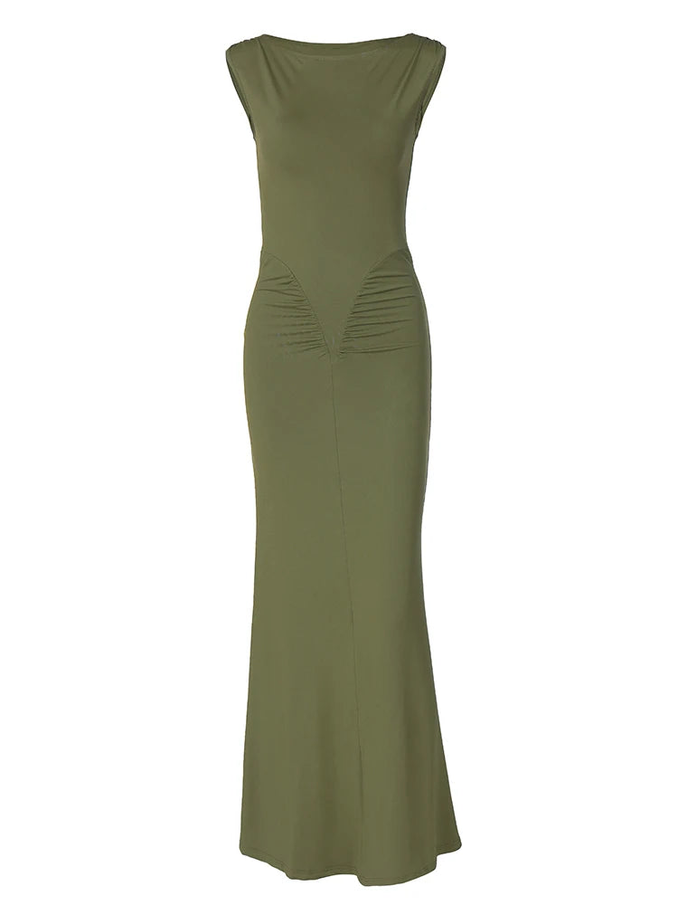 Dulzura Elegant Long Dress Ruched Bodycon Sleeveless Solid Dresses Lady Cocktail Party Wedding Guest Formal Women Clothes 2024