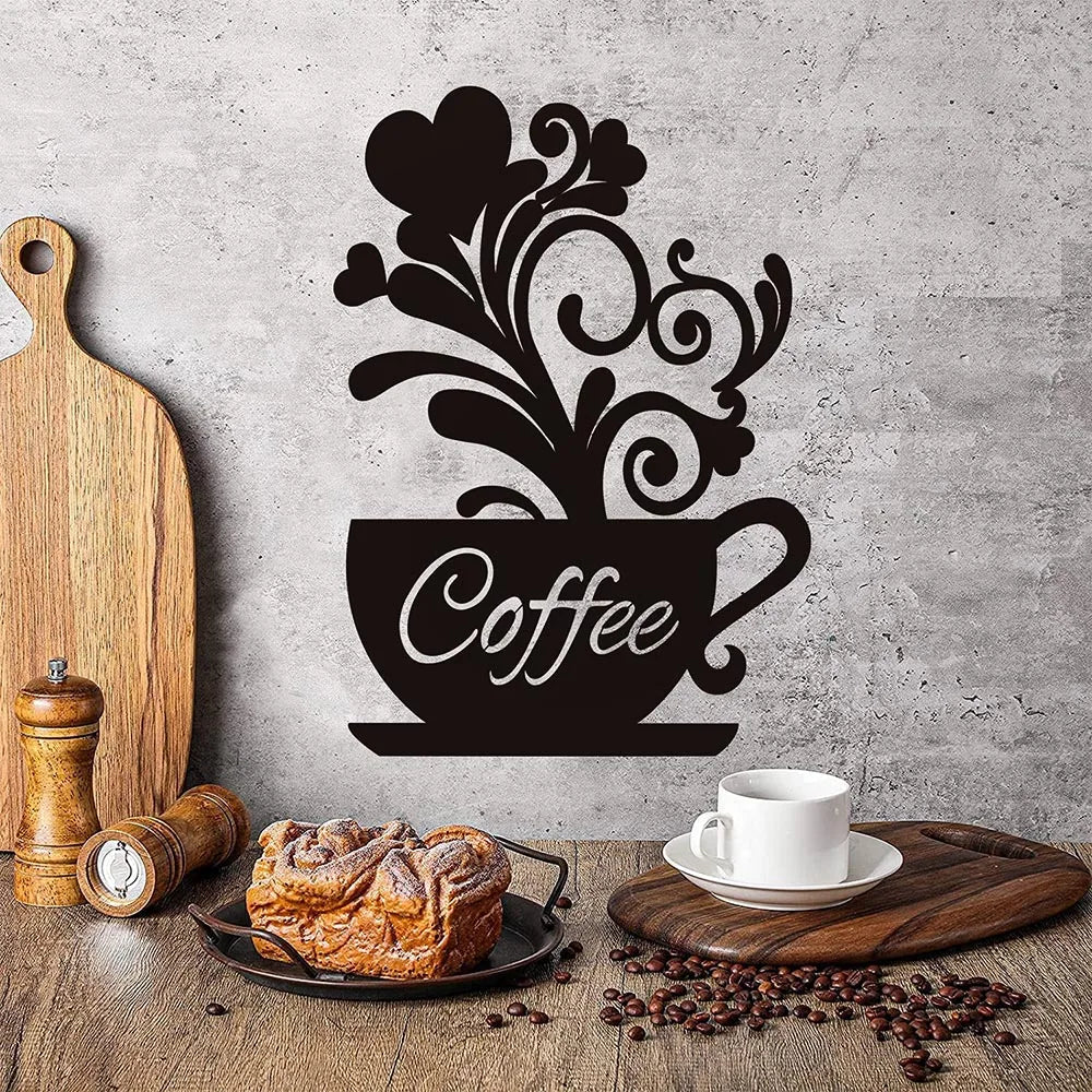 Coffee Cup Silhouette Sign Hanging Metal Wall Art Decor Dining Room Kitchen Cafe Decoration Black Cutout Boards