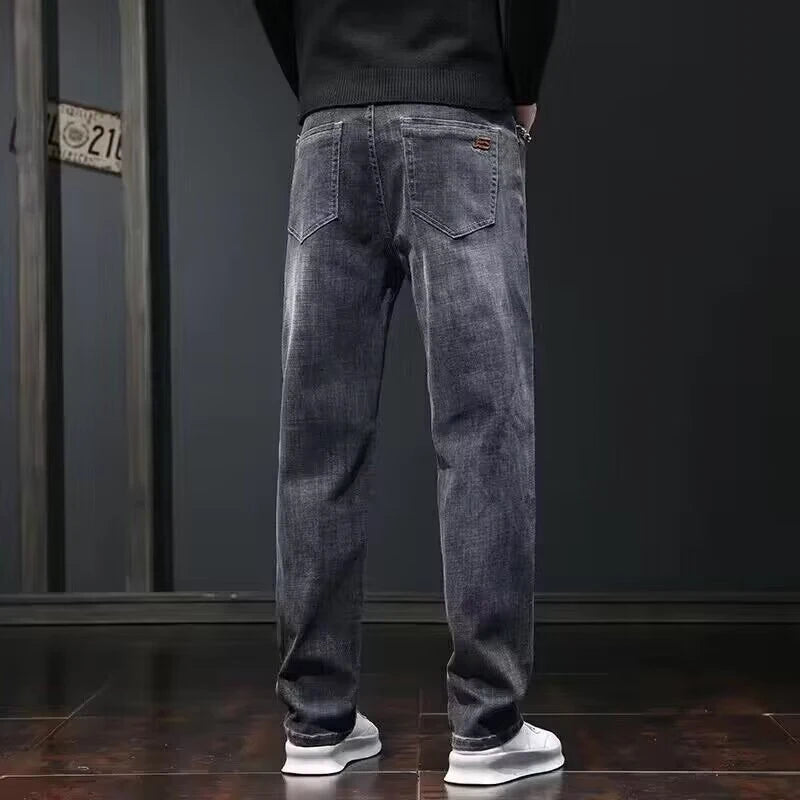 Men Fashion Loose Straight Elasticity Jeans Male Wear-resistant Slim Fit Denim Pants Smart Casual Dark Gray Trousers