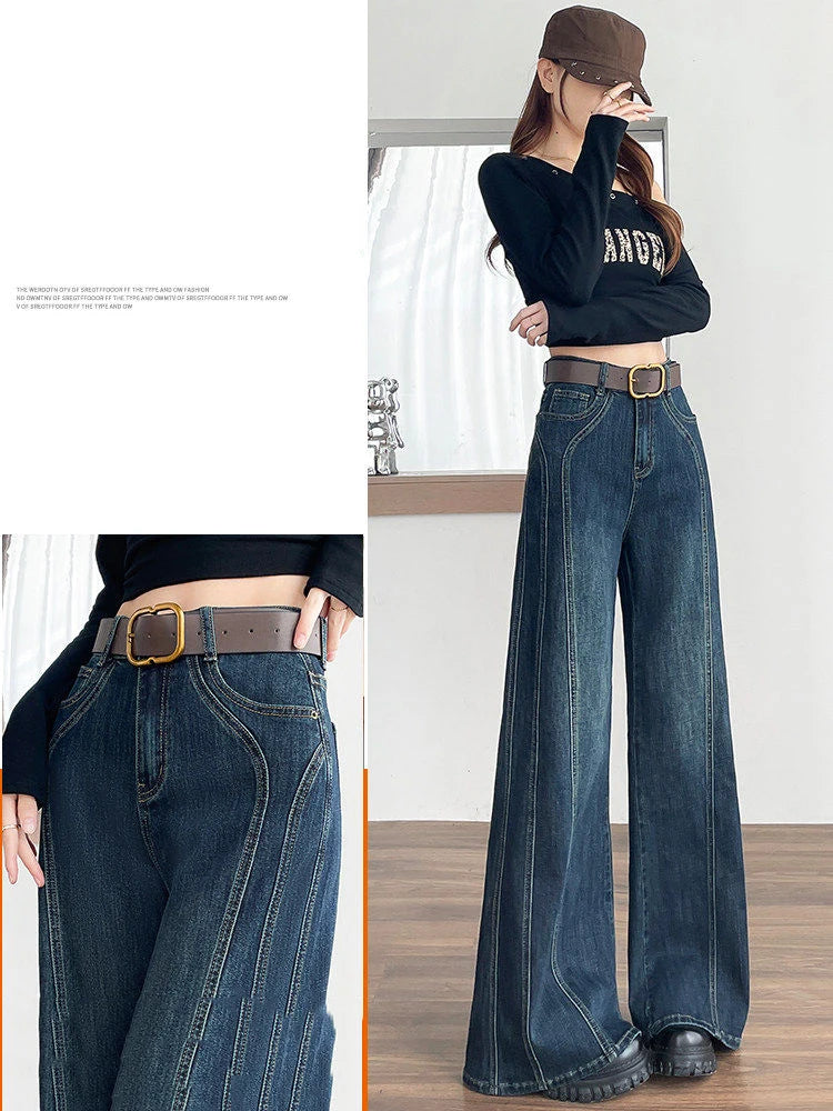 American Style Retro Elastic Wide Leg Jeans