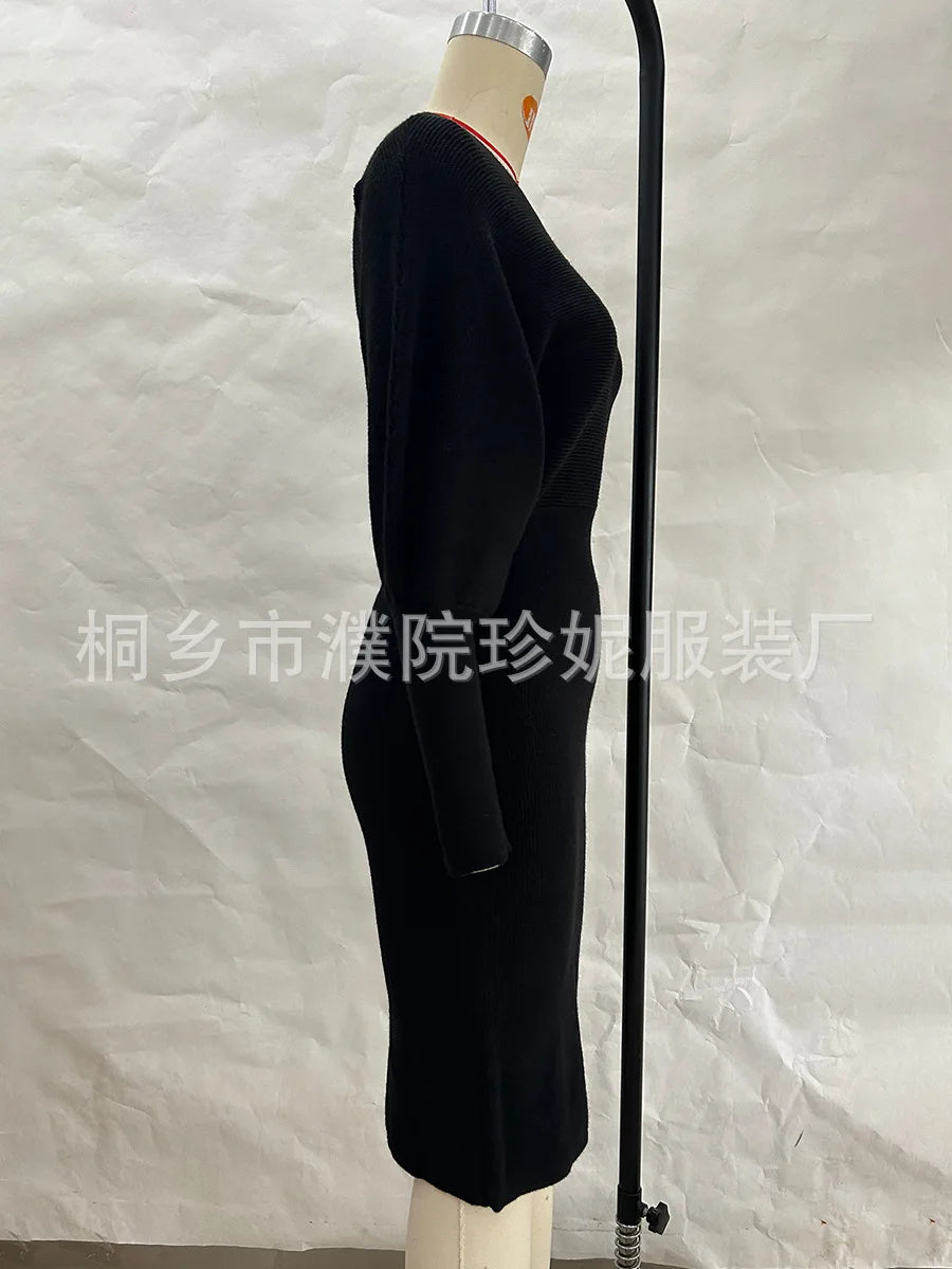 Women Knit Dress Sweater Long Sleeve Round Neck Slim Fit Dresses Tight Waist Thick Warm Vestidos Elegant Lady Skinny Autumn