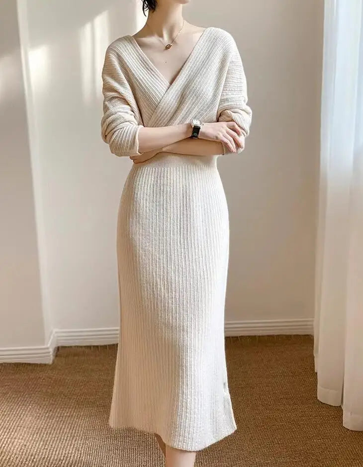 New Autumn/Winter Fashion Long Sleeve V-neck Knitted Solid Color Slim Fit Dress For Women,5 Colors