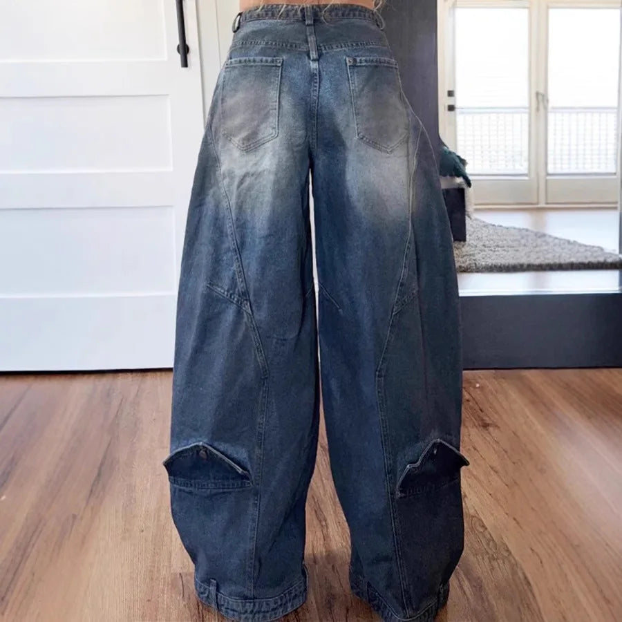 Wide Leg Pants Women Vintage Denim Jeans Punk Style Loose Trousers Stretch Mid Waist Washed Distressed 2026 Mom Streetwear