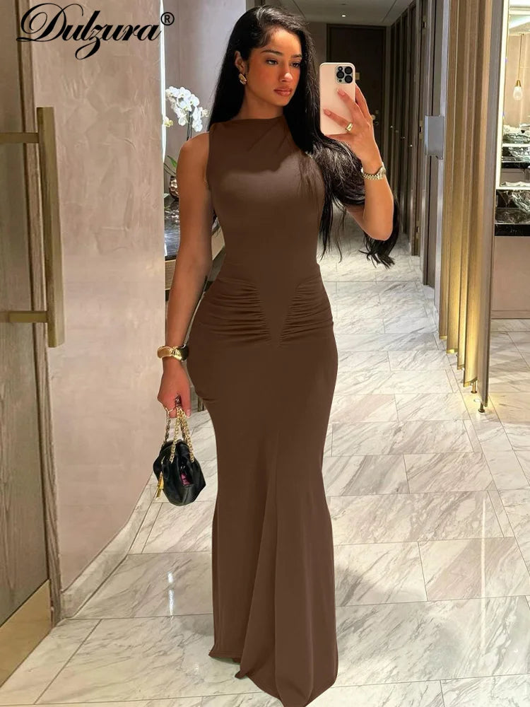 Dulzura Elegant Long Dress Ruched Bodycon Sleeveless Solid Dresses Lady Cocktail Party Wedding Guest Formal Women Clothes 2024