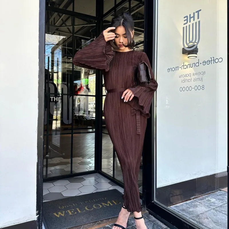 Autumn Winter Party Dress for Women 2025 Y2K INS Elegant Fashion Long Sleeve O Neck Lace Up Folds Evening Graduation Long Dress