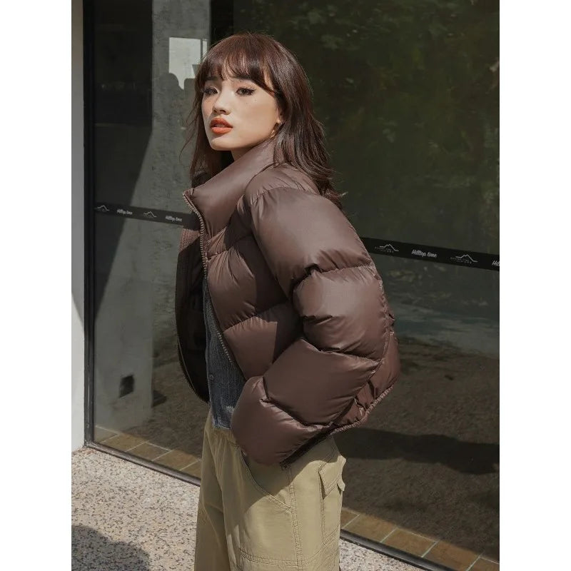 Winter Clothes Women Warm Cropped Jacket Y2K Luxury Design Windproof Coat Thick Parkas Long Sleeve Top Puffer Jacket Black Brown