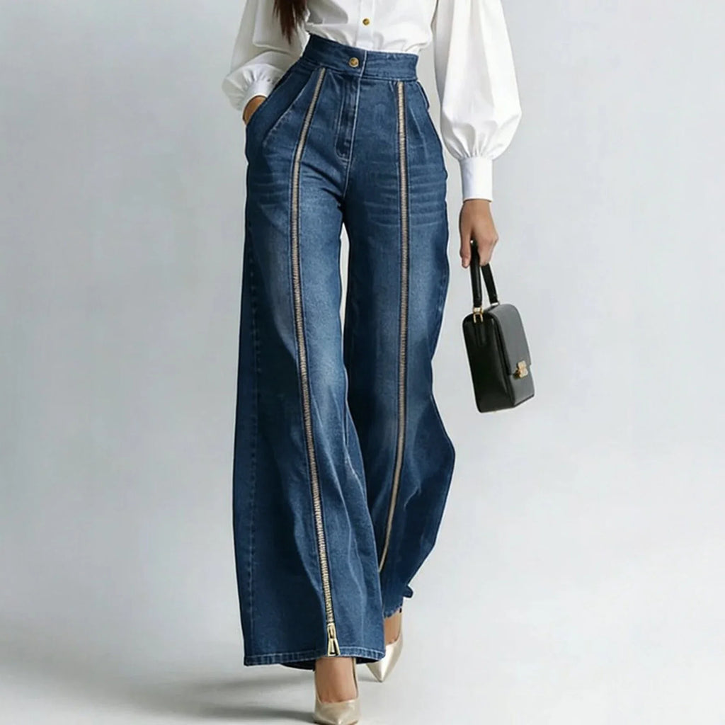 High Waist Gold Zipper Wide Leg Jeans Straight Leg Loose Denim Pant