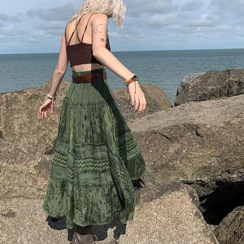 Women's Sexy Skirt 90s Vintage Boho Midi Skirts Fairycore Grunge Kawaii High Waist Long Pleated Dress Summer Streetwear Y2k