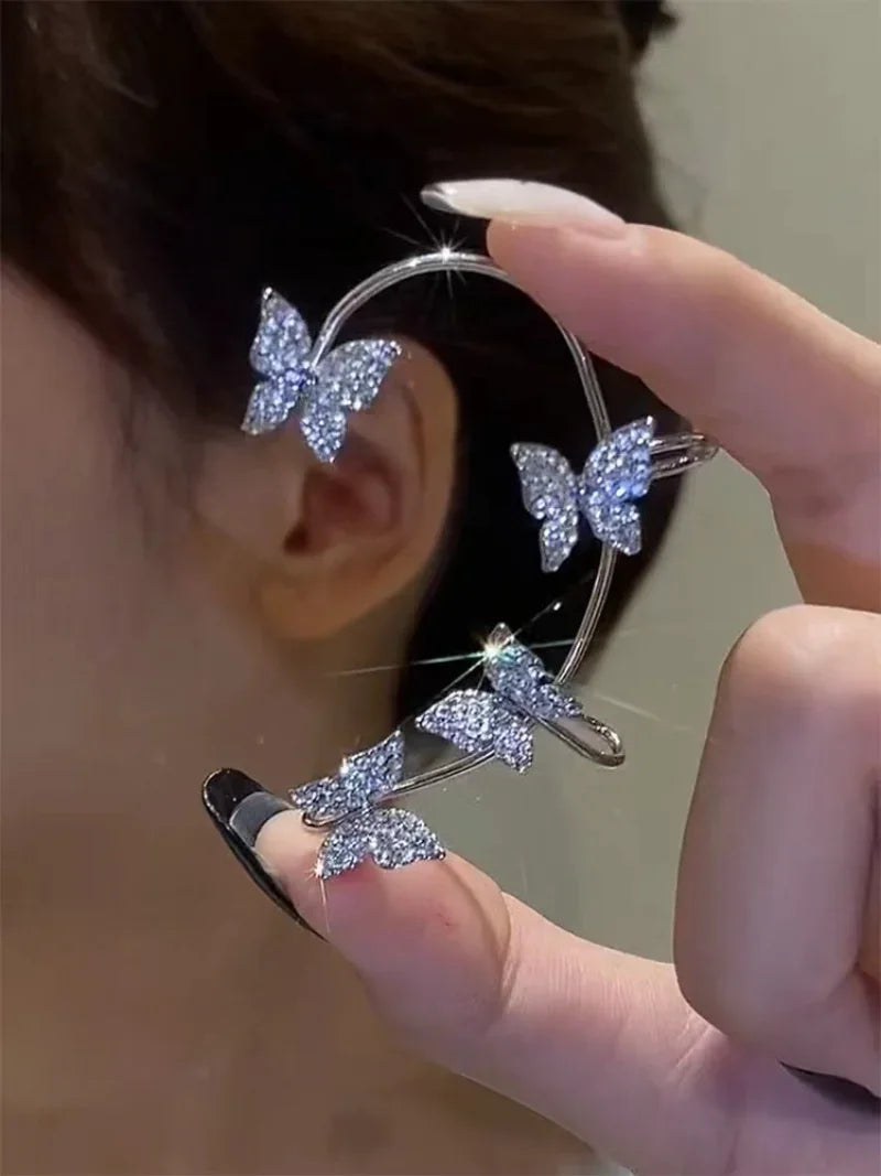 Silver Butterfly Clip-On Earrings – Sparkling Zircon Ear Cuff No Piercing