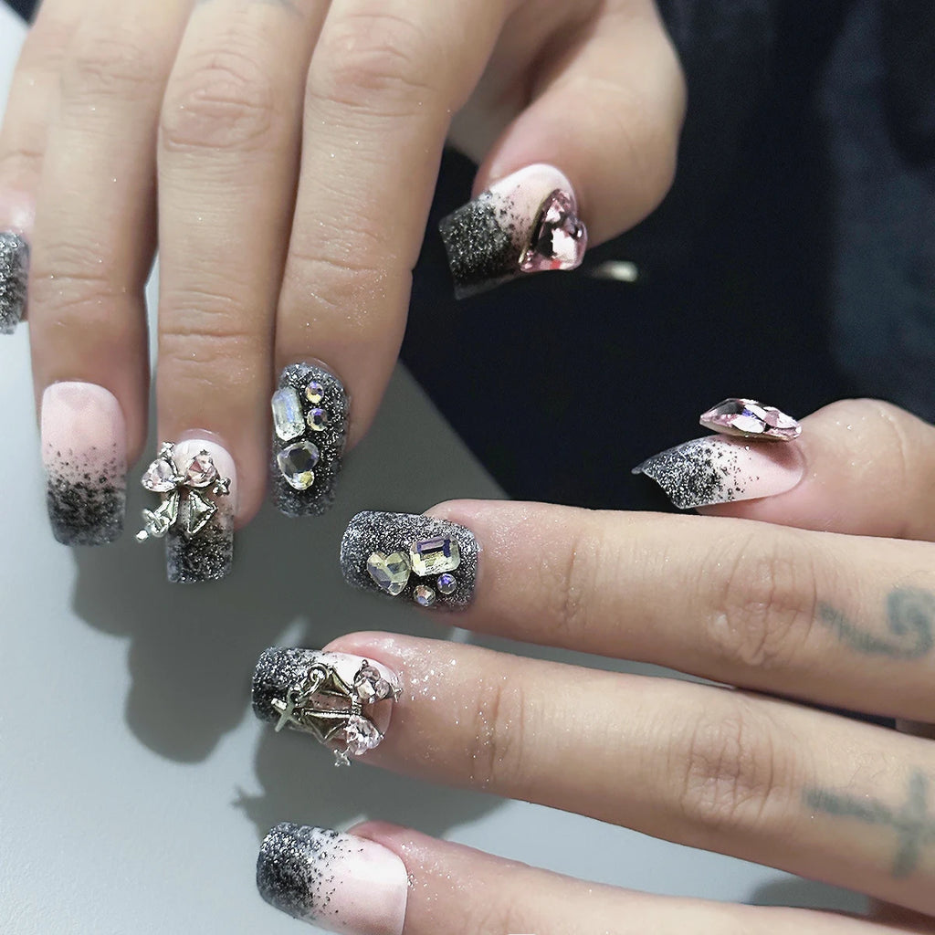 Gradient Black Fake Nails Long Ballerina Nails Press on Simple Full Cover False Nails Tips for Women Girls DIY Manicure 24Pcs