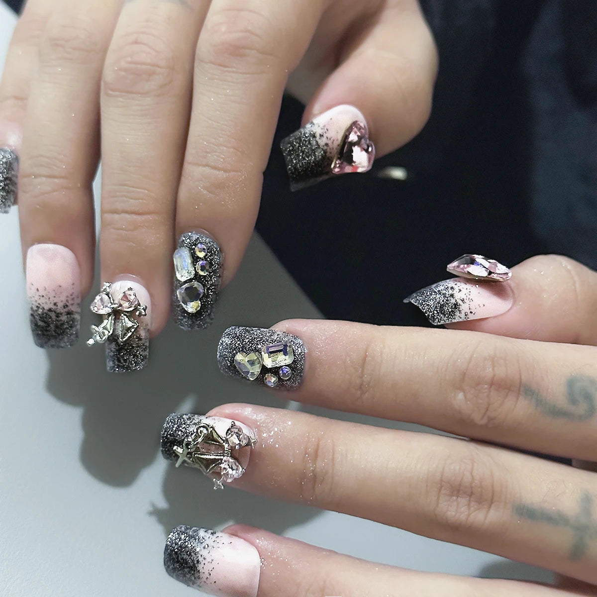 Gradient Black Fake Nails Long Ballerina Nails Press on Simple Full Cover False Nails Tips for Women Girls DIY Manicure 24Pcs
