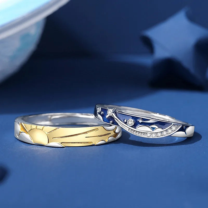 European S925 Sterling Silver AAA CZ Sun And Stars Couple Open Ring For Women Men Birthday Wedding