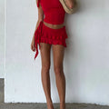 Women Summer Skirts Outfits Solid Color Tie-Up Shoulder Sleeveless Tank Tops Ruffles Mini Skirts 2 Pieces Clothes Set