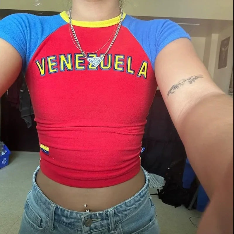 VENEZUELA Printed Short Blouse Women's Clothing 2000 Clothes Gothic Retro T-shirt Y2K Garbage Short Sleeve T-shirt Street Wear