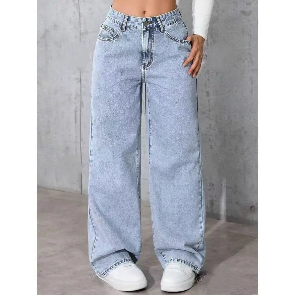 Ladies Washed Wide Leg Jeans High Waist Loose Casual Straight Leg Daily Bottoms