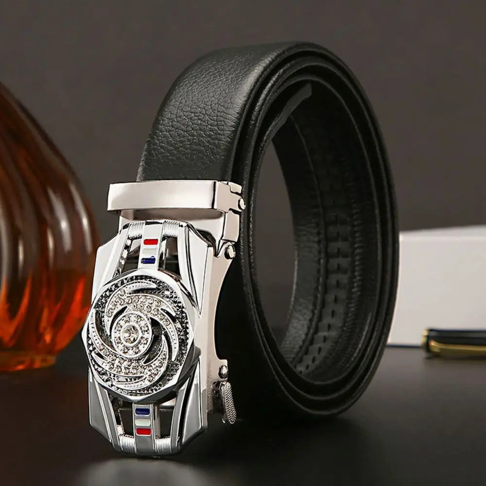 Men Business Time To Run Belt Man Automatic Buckle Leather Belt Golden Waist Buckle Males Luxury Belt Rhinestone Decoration